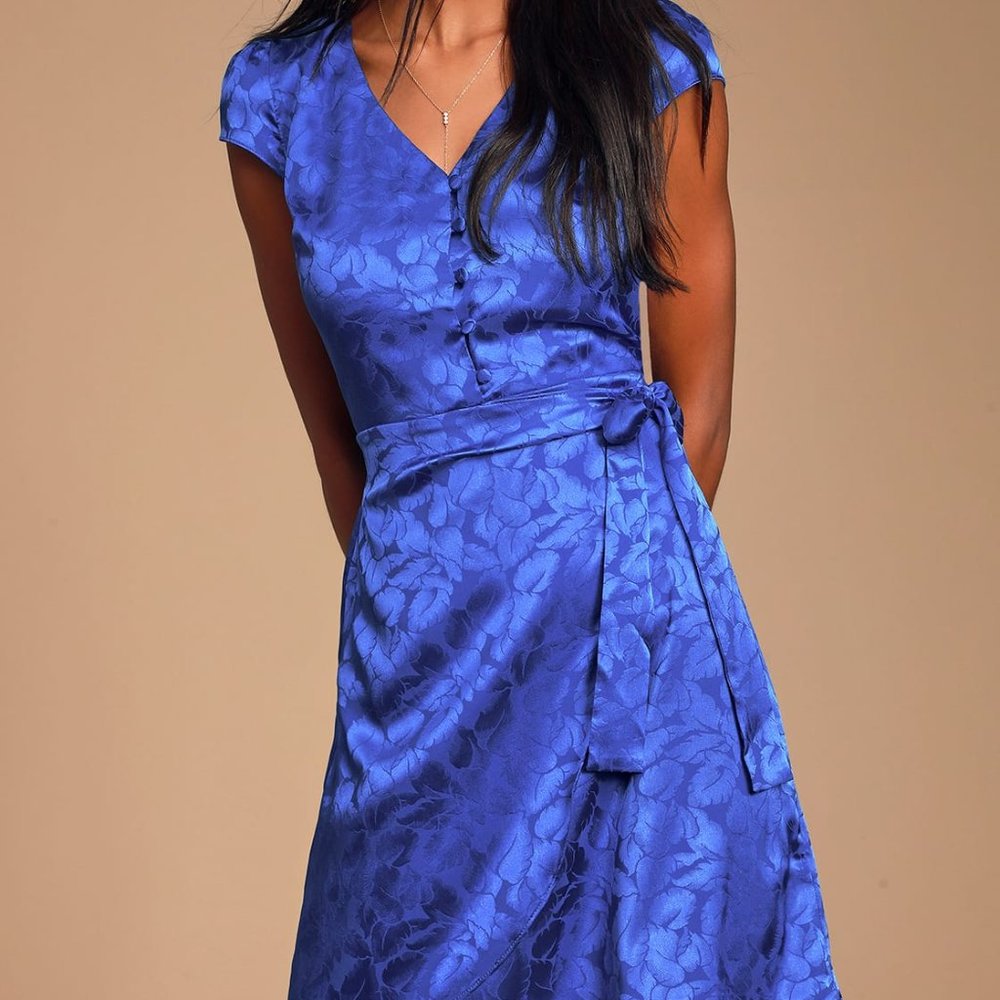 NWT Cobalt Blue Satin Wrap Dress- Lulu's